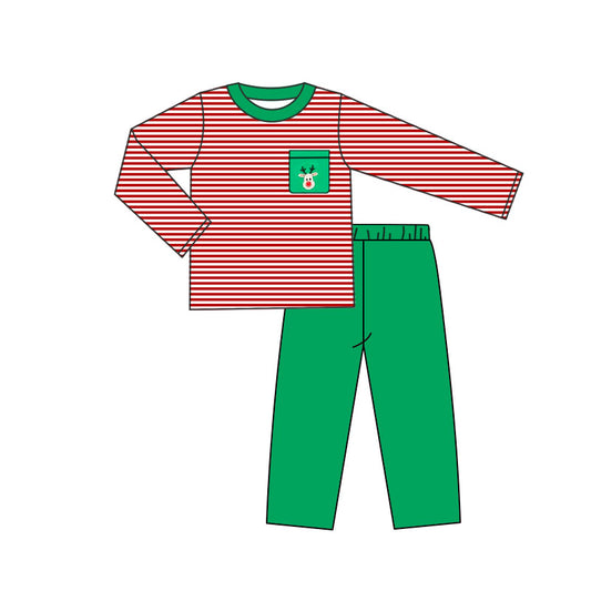 preorder BLP0734 Christmas deer red striped pocket long sleeve green pants boys set