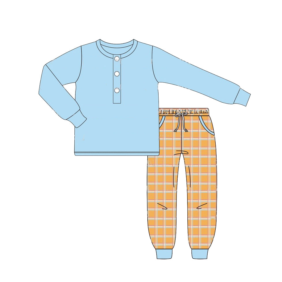 preorder BLP0738 blue long sleeve orange checkered pants boys set