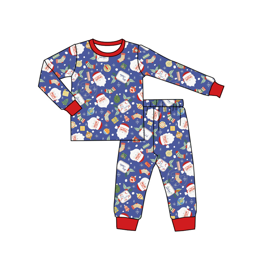 preorder BLP0743 Christmas Santa holly berry blue long sleeve pants boys pajamas