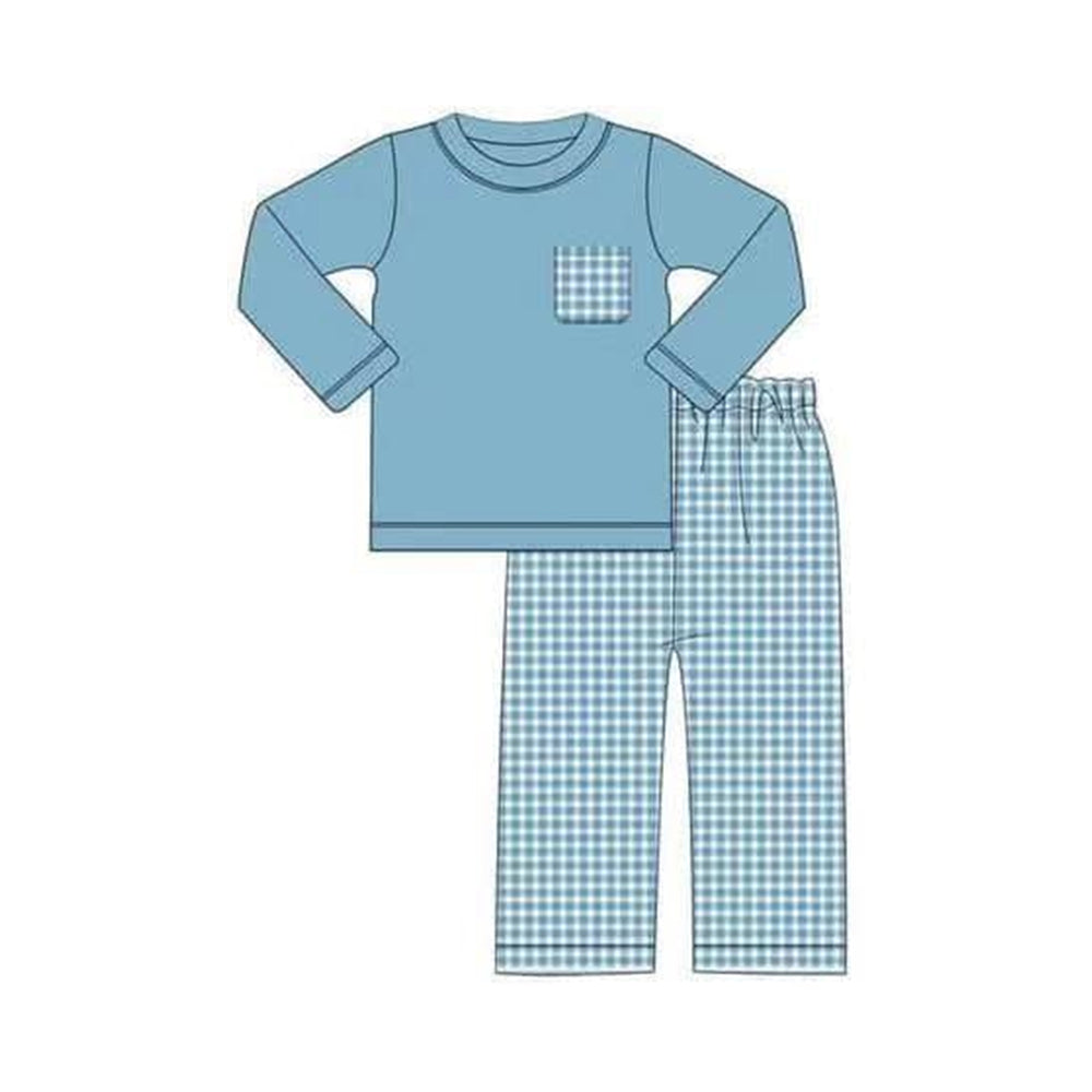 preorder BLP0770 blue pocket long sleeve blue checkered pants boys set