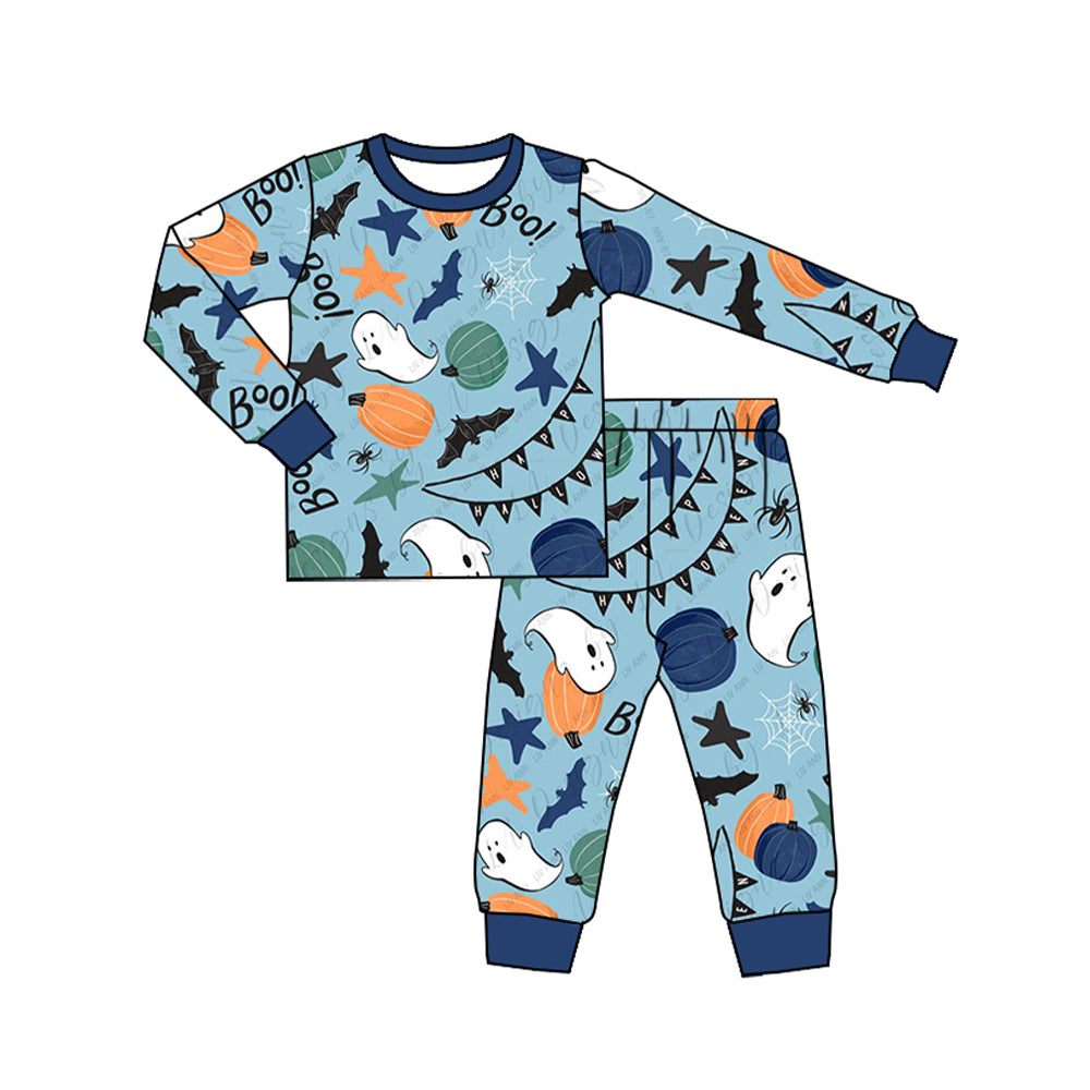 preorder BLP0775 Halloween pumpkin spooky bat blue long sleeve pants boys pajamas