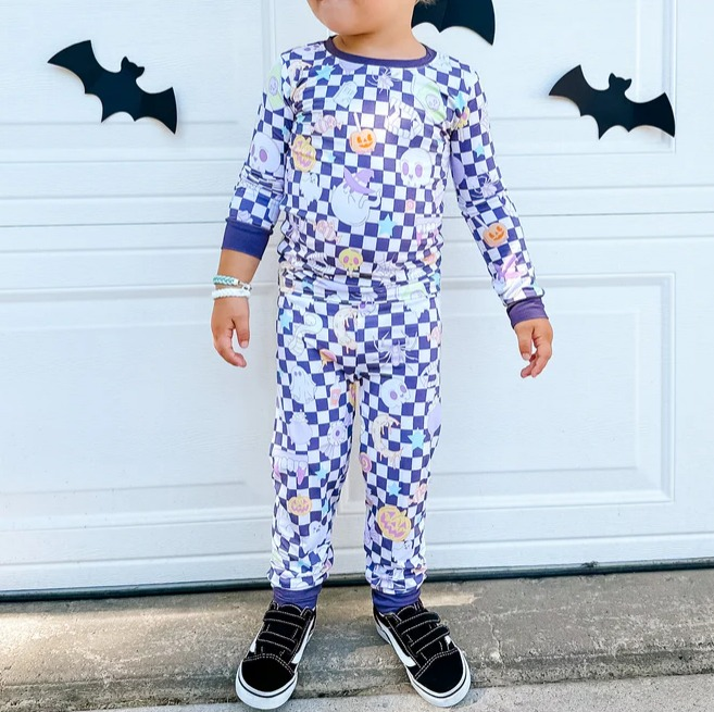 preorder BLP0778 Halloween spooky skull purple checkered long sleeve pants boys pajamas