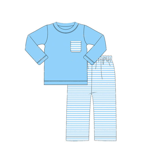 preorder BLP0780 blue pocket long sleeve blue striped pants boys set