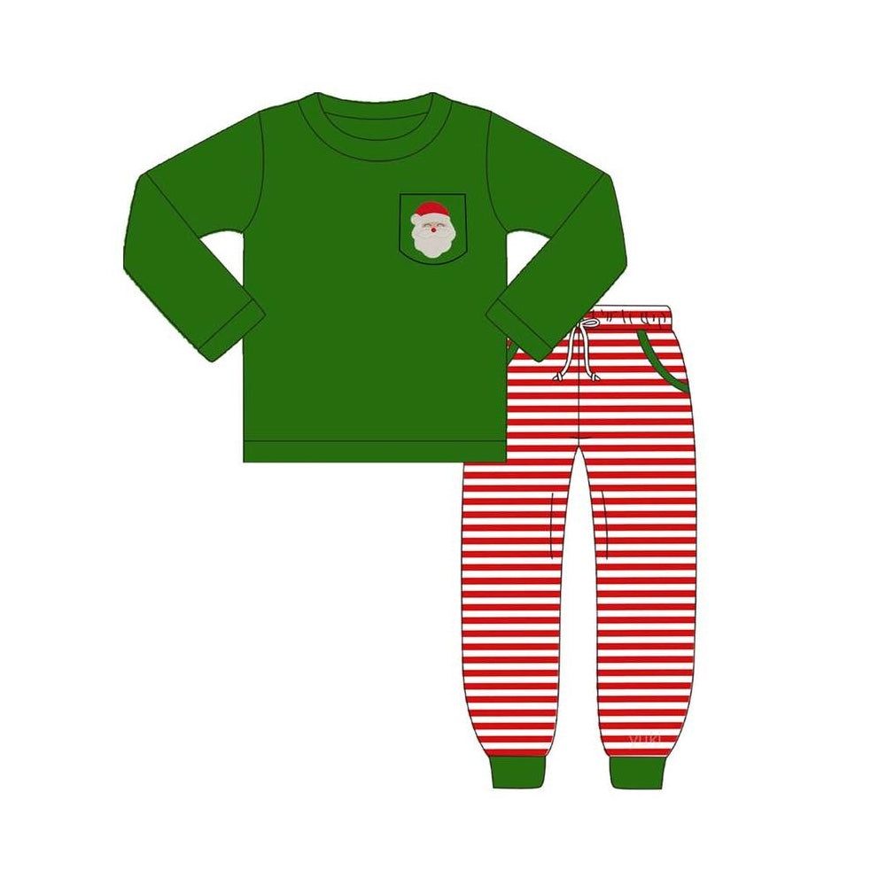 preorder BLP0797 Christmas Santa green pocket long sleeve red striped pants boys set