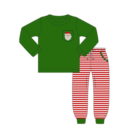 preorder BLP0797 Christmas Santa green pocket long sleeve red striped pants boys set