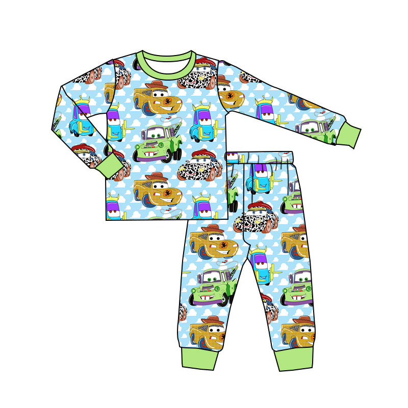 preorder BLP0800 Western cartoon car blue long sleeve pants boys pajamas