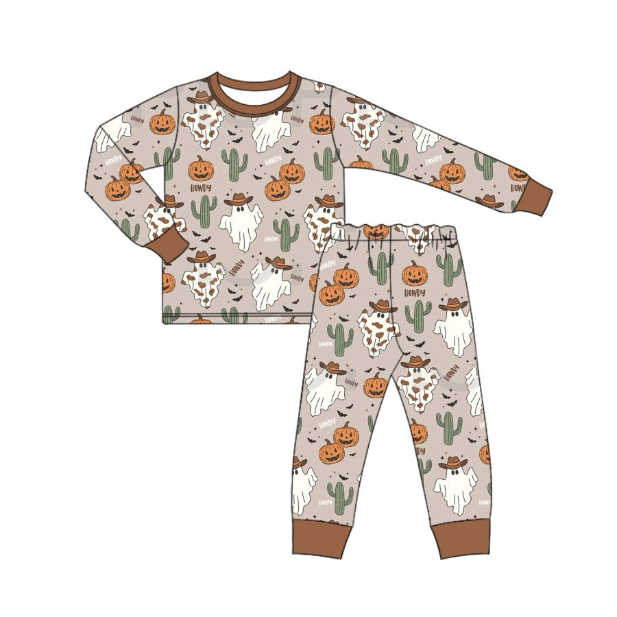 preorder BLP0816 Western Halloween pumpkin cactus spooky long sleeve pants boys pajamas