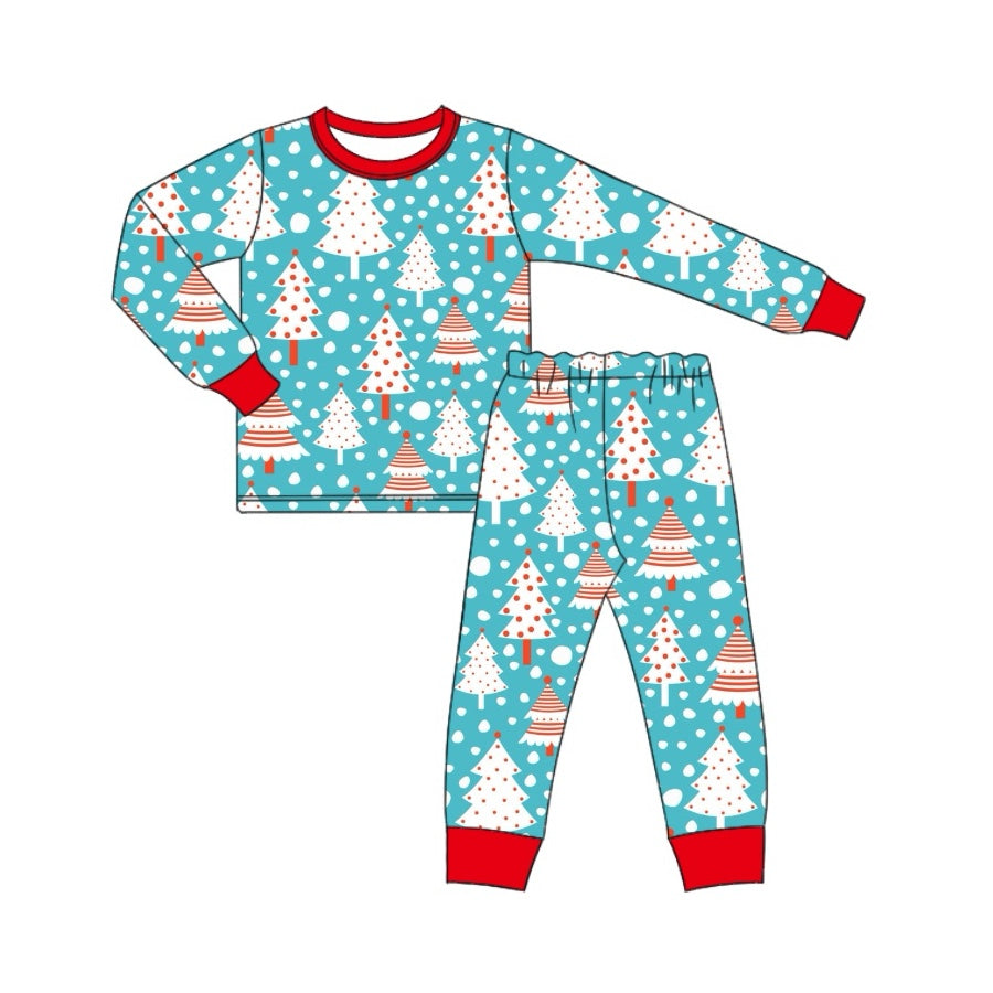 preorder BLP0820 Christmas snow tree blue long sleeve pants boys pajamas