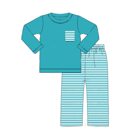 preorder BLP0822 Christmas blue pocket long sleeve blue striped pants boys set