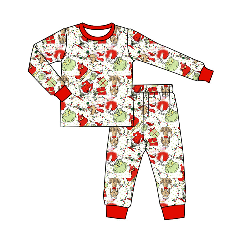 preorder BLP0838 Christmas green face dog red long sleeve pants boys pajamas