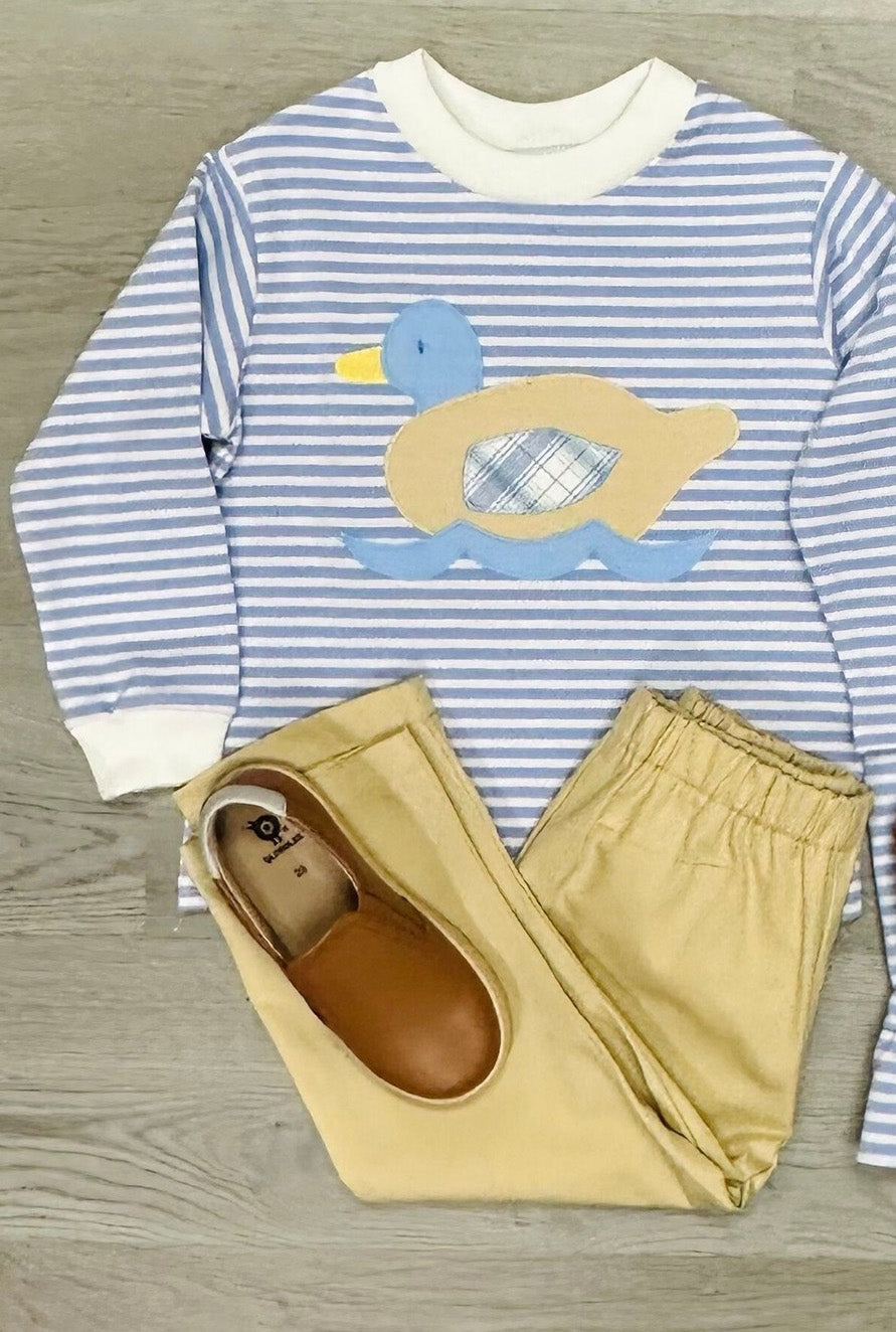 preorder BLP0847 cute mallard duck blue striped long sleeve khaki pants boys set