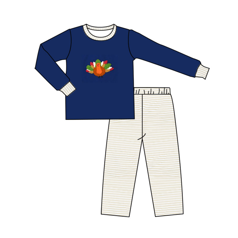 preorder BLP0855 Thanksgiving turkey navy blue long sleeve striped pants boys set