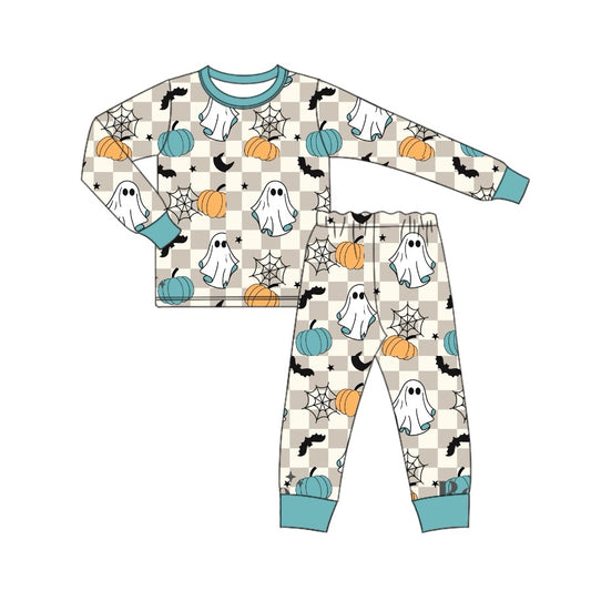 Preorder BLP0857 Halloween spooky pumpkin spider web grey checkered long sleeve pants boys pajamas