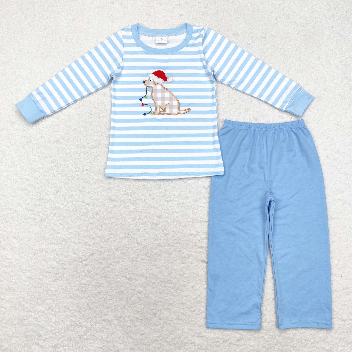 BLP0864 embroidery Christmas hat dog blue striped long sleeve blue pants boys set