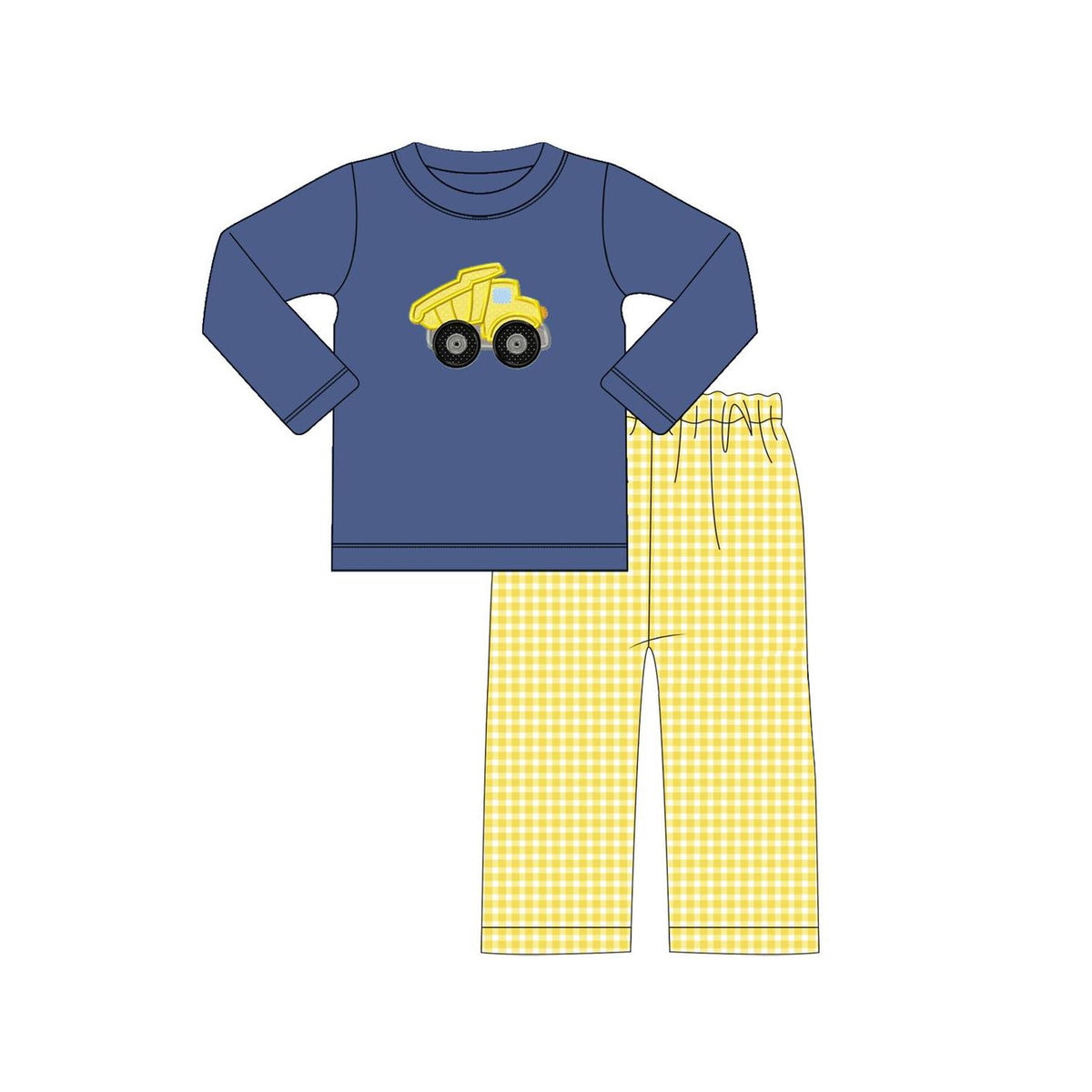 Preorder BLP0866 cute construction truck navy blue long sleeve yellow checkered pants boys set