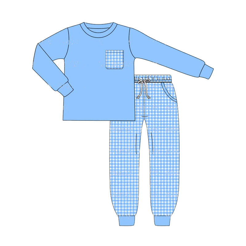 Preorder BLP0871 blue pocket long sleeve blue checkered pants boys set