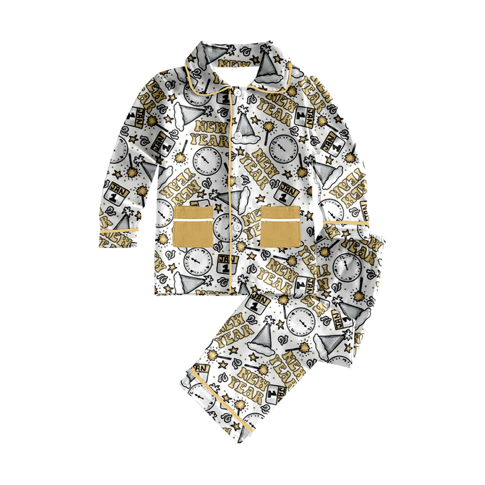 Preorder GLP1840 new year clock hat yellow long sleeve pants girls pajamas
