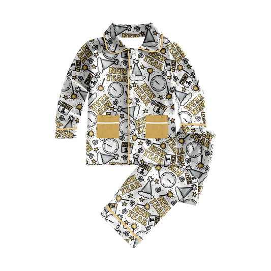 Preorder BLP0874 new year clock hat yellow long sleeve pants boys pajamas