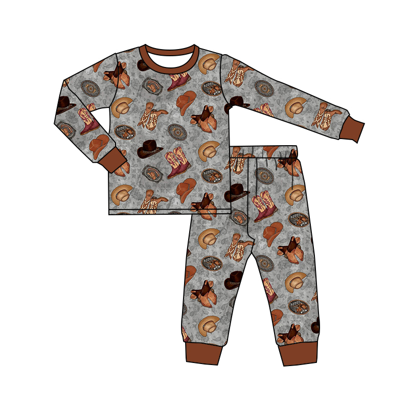 Preorder BLP0877 Western hat boots grey long sleeve pants boys pajamas