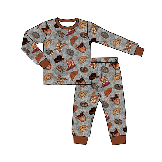 Preorder BLP0877 Western hat boots grey long sleeve pants boys pajamas