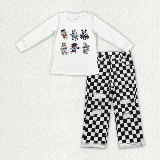 BLP0892 Halloween blue dog long sleeve black checkered jeans boys set