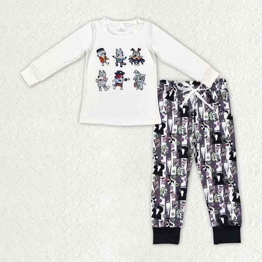 BLP0893 Halloween blue dog spooky striped pants boys set