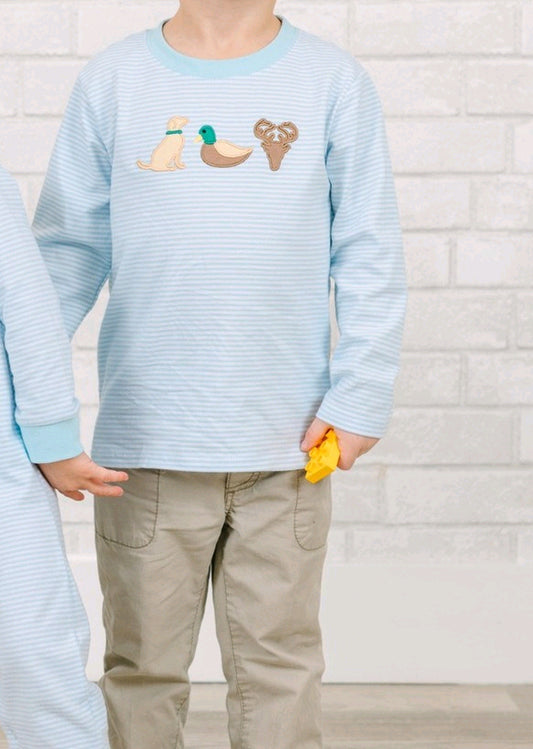 preorder BLP0918 hunting mallard duck deer dog blue striped long sleeve pants boys set