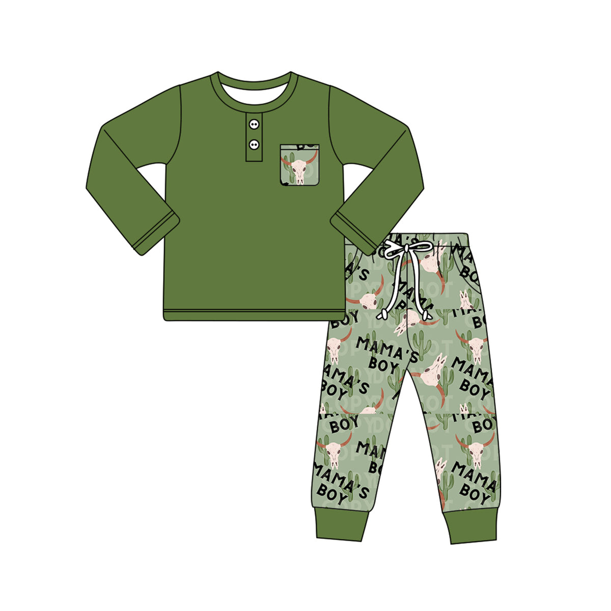 preorder BLP0920 mama's boy dark green pocket long sleeve green cactus cow pants boys set