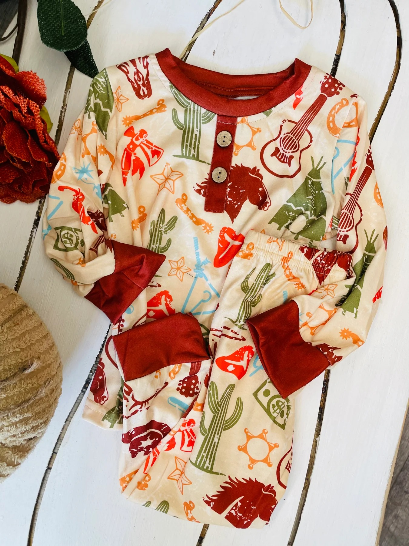 preorder BLP0924 Western cactus brown long sleeve pants boys pajamas