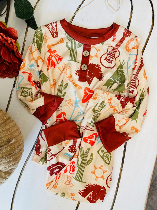 preorder BLP0924 Western cactus brown long sleeve pants boys pajamas