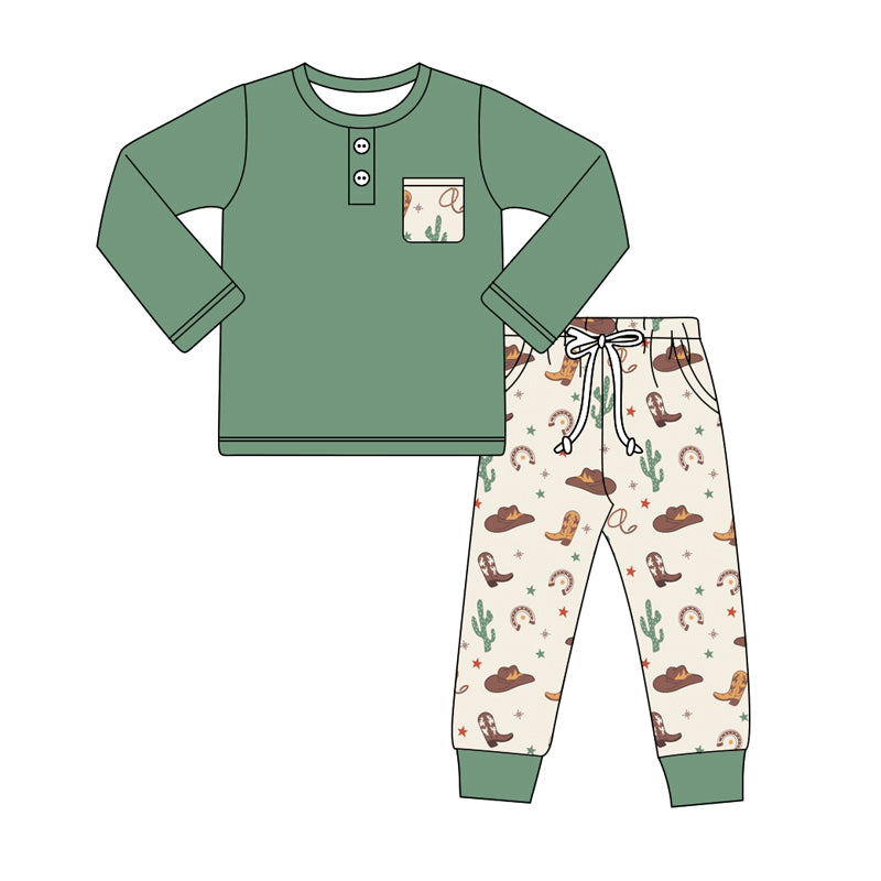 preorder BLP0925 Western green pocket long sleeve cactus hat boot pants boys set
