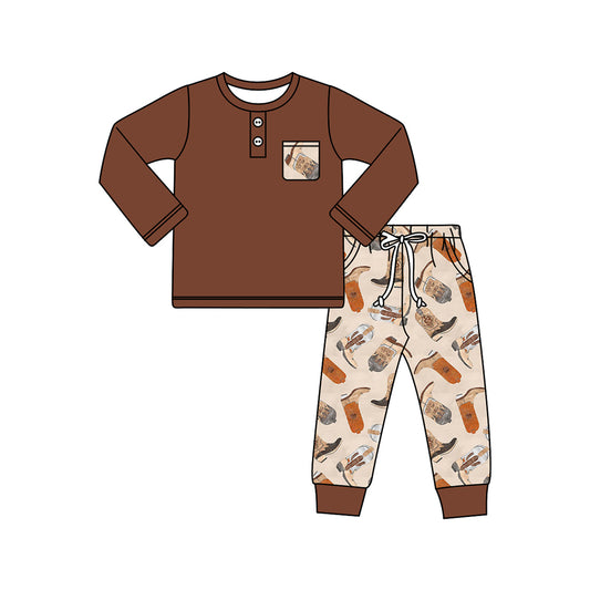 preorder BLP0926 Western pocket brown long sleeve boot pants boys set