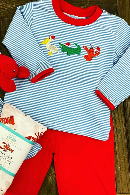 preorder BLP0938 Christmas crocodile crayfish blue striped long sleeve red pants boys set