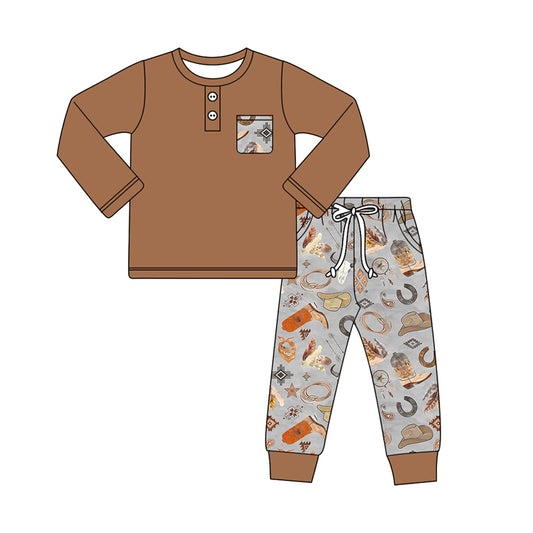 preorder BLP0942 Western brown pocket long sleeve boot cow hat pants boys set