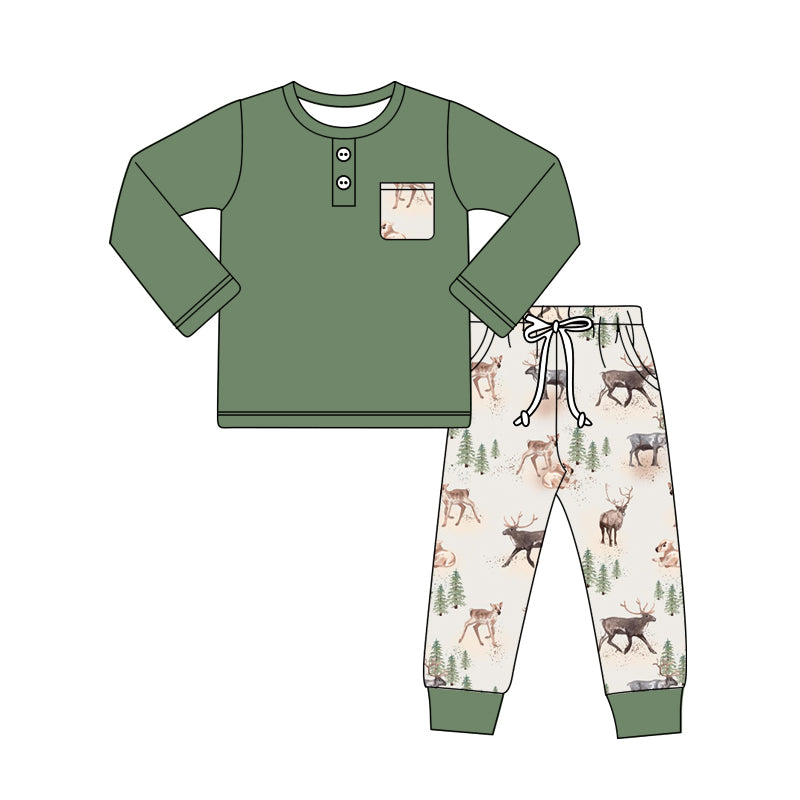 preorder BLP0944 cute deer tree pocket green long sleeve pants boys set