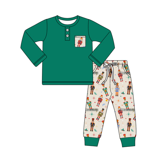 preorder BLP0945 Christmas cartoon soldier pocket dark green long sleeve pants boys set