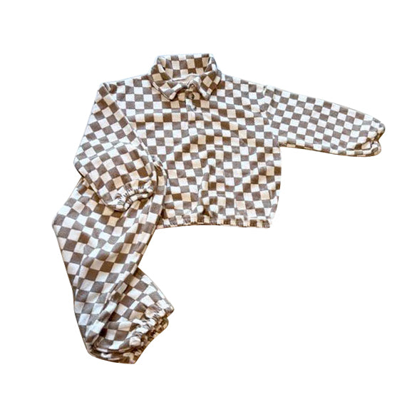 preorder BLP0946 khaki checkered long sleeve pullover pants boys set