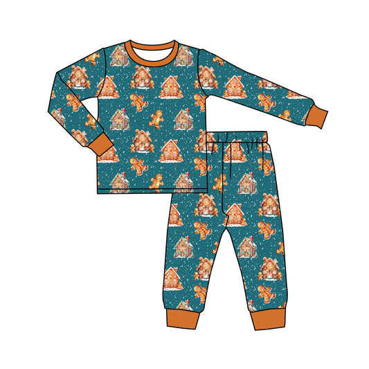 preorder BLP0952 Christmas gingerbread man house blue long sleeve pants boys pajamas