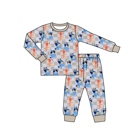 preorder BLP0957 cartoon blue dog khaki checkered long sleeve pants boys pajamas