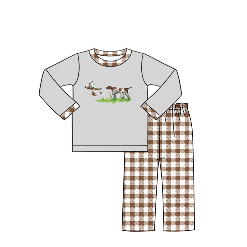 Preorder BLP0977 hunting mallard duck dog grey long sleeve brown checkered pants boys set