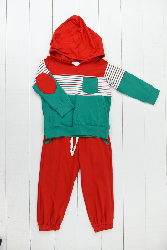 Preorder BLP0982 Christmas green pocket striped long sleeve hoodie red pants boys set