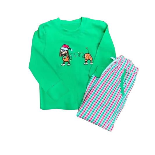 Preorder BLP0985 Christmas dog hat green long sleeve red green checkered pants boys set