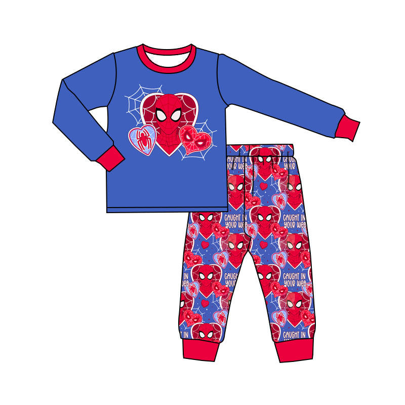 Preorder BLP0997 Valentine Day red heart spider hero blue long sleeve pants boys pajamas