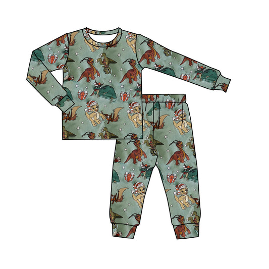 Preorder BLP1001 Christmas hat dinosaur green long sleeve pants boys pajamas