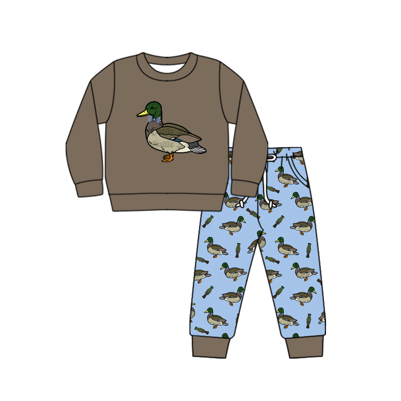 Preorder BLP1004 hunting mallard duck brown long sleeve blue pants boys set