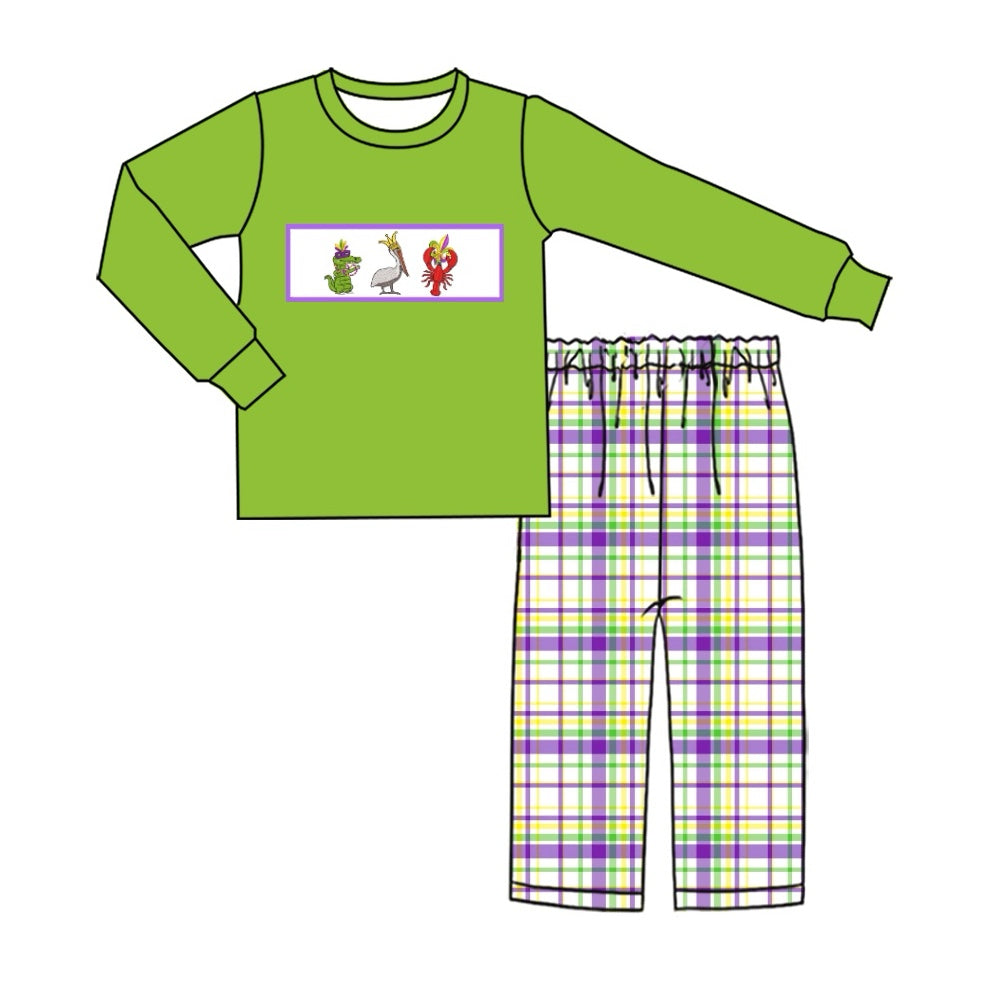 Preorder BLP1007 Mardi Gras cartoon crayfish cocrodile green long sleeve purple checkered pants boys set