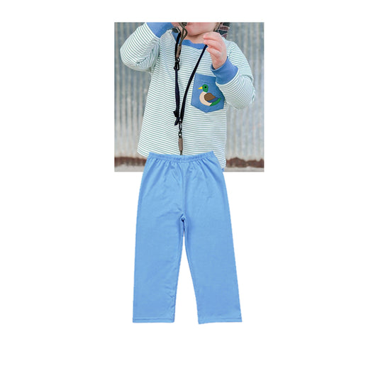 Preorder BLP1008 cute mallard duck blue striped pocket long sleeve blue pants boys set