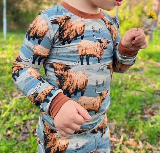 Preorder BLP1011 Western highlandcow blue long sleeve pants boys pajamas