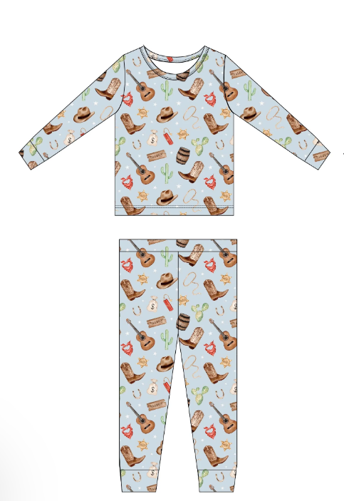 Preorder BLP1012 Western boot hat cactus blue long sleeve pants boys pajamas