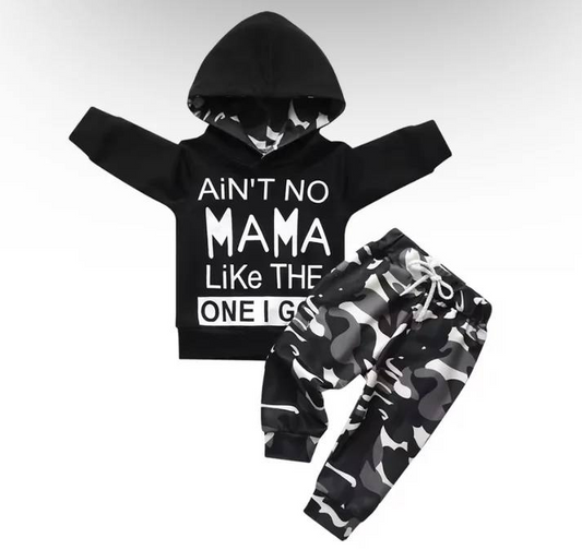 preorder BLP1017 mama like black long sleeve hooded camo pants boys set